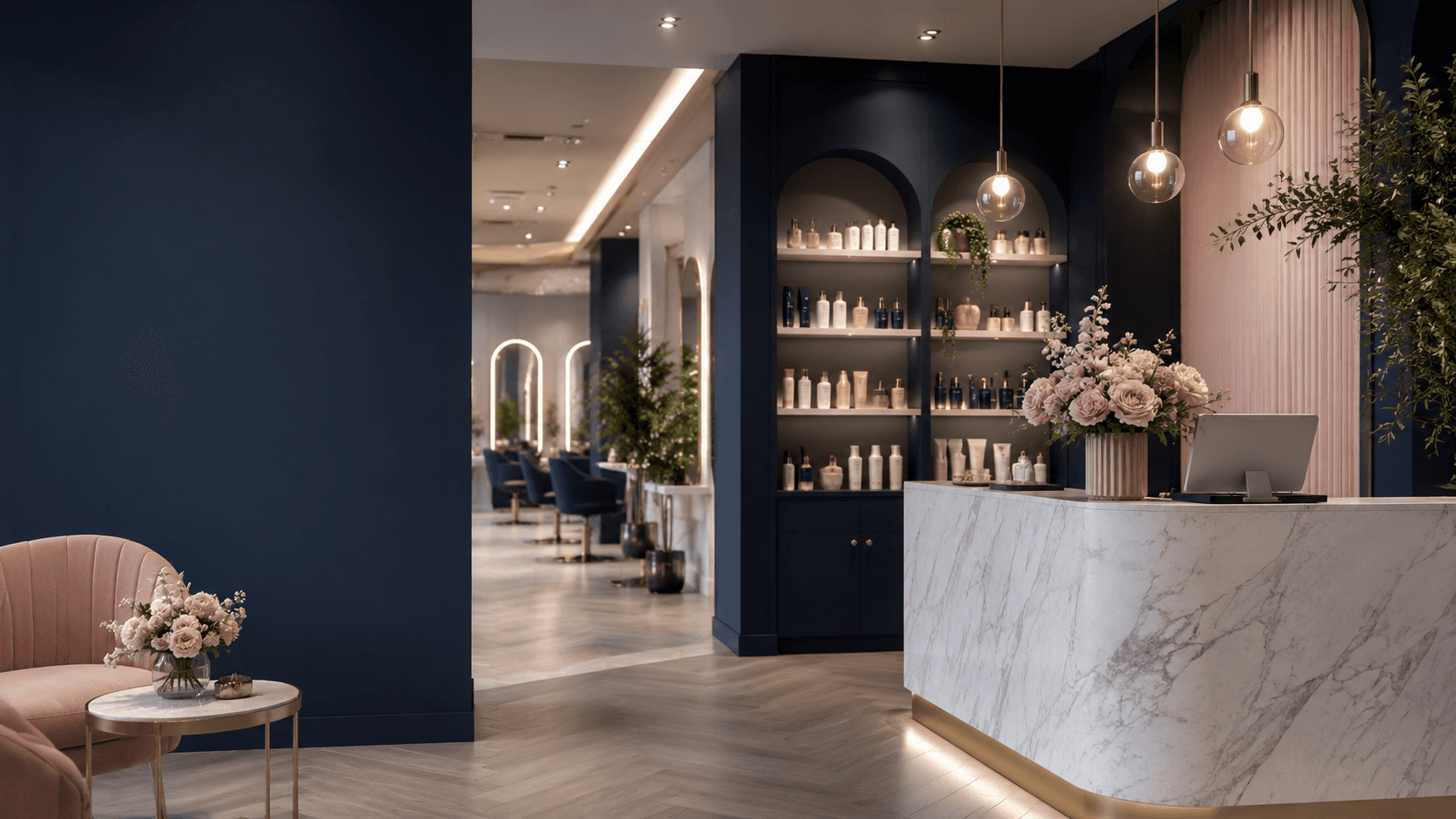 Premium salon reception and beauty business consultation space